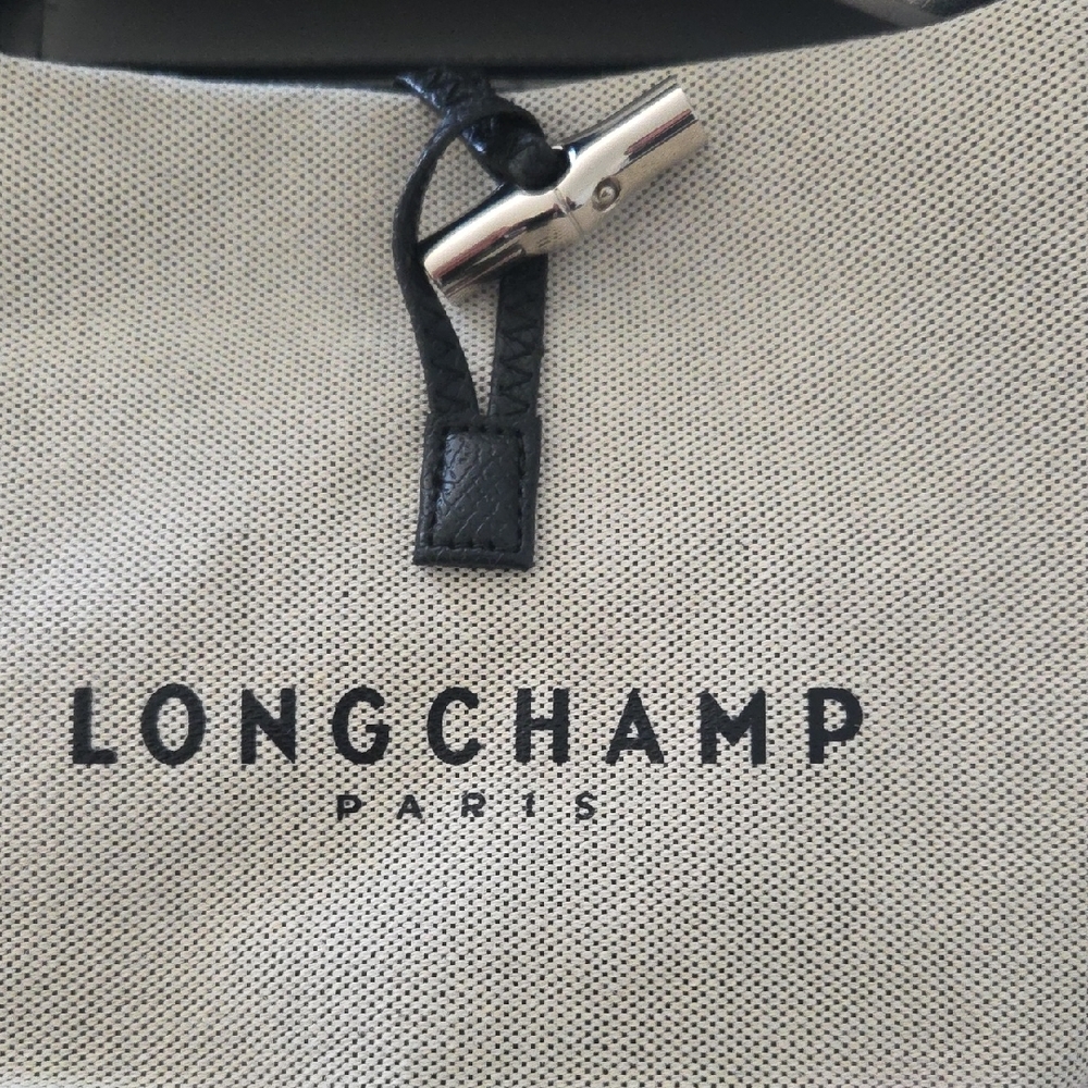 Longchamp Beige Canvas Crossbody with Black Trim and Silver Hardware